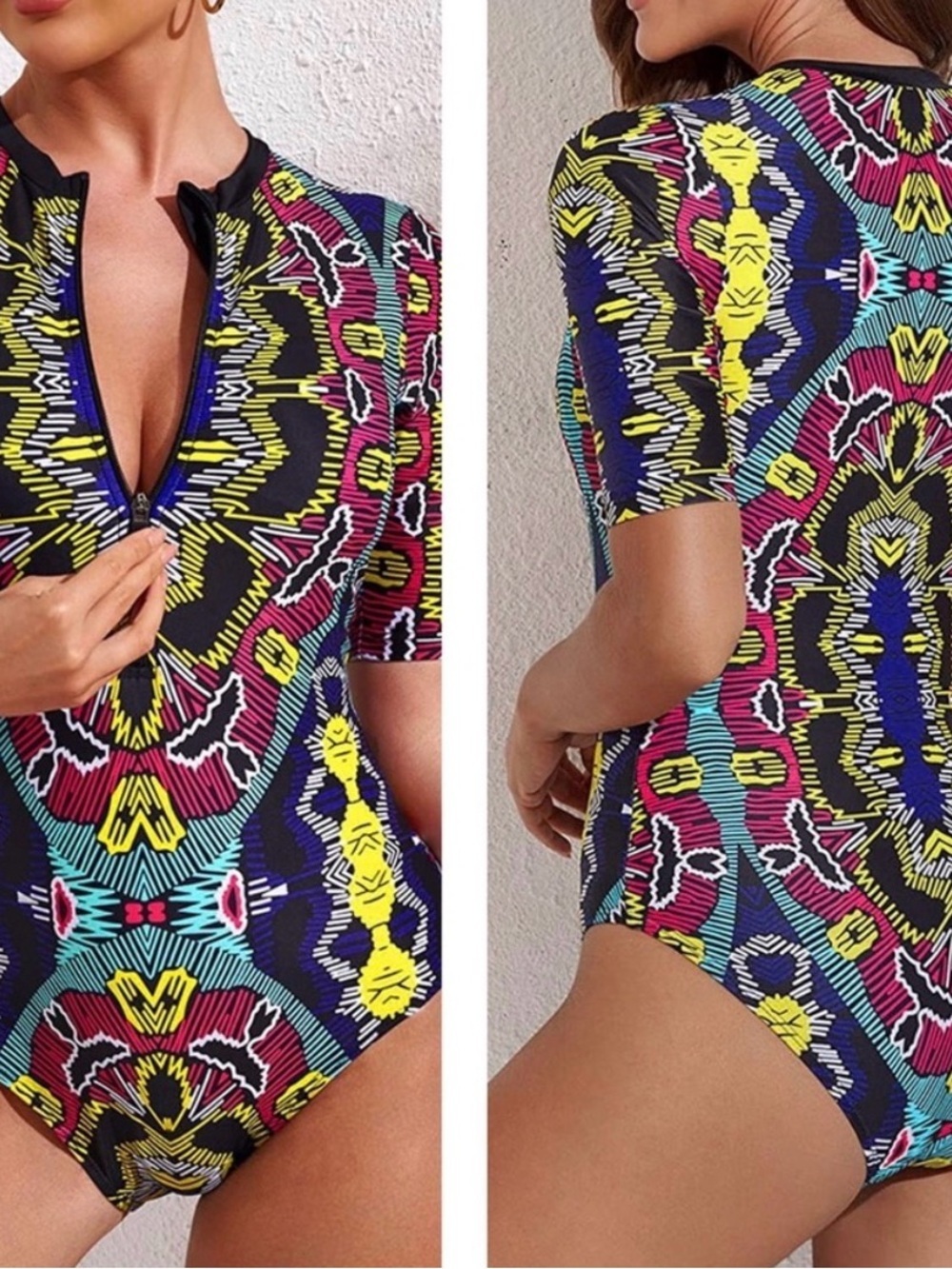 New Aleumdr Vibrant Zip-Front Short Sleeve One-Piece Swimsuit - Multicolor XL